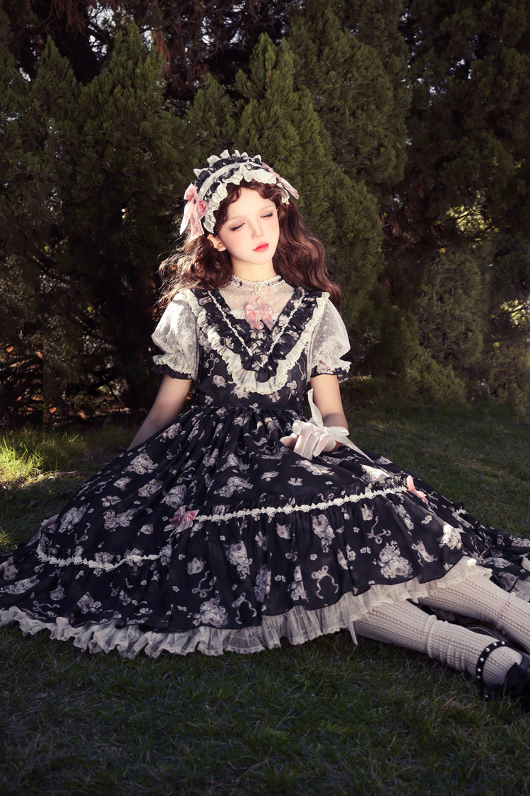[Daydream Rose] Kurzärmliges Kleid mit Blumen-Jacquard-Print, Rüschenstickerei, Schleifenknoten, Sweet Lolita, in 3 Farben 