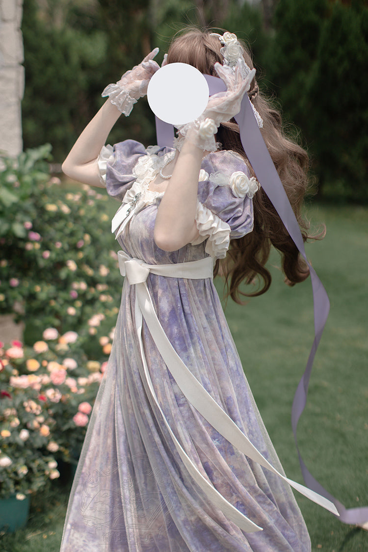 Robe Lolita Princesse Douce à Manches Courtes Imprimée avec Volants et Nœud Papillon [Poème de Peinture à l'Huile Soleil et Lune] Violette 