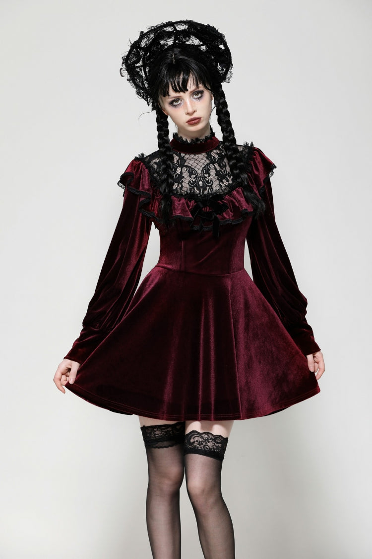 Robe de graduation gothique rouge à manches longues en velours au crochet pour femme