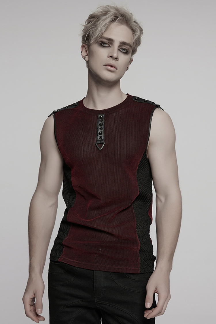 Gilet Punk pour Homme en Maille Transparente à Col Rond Noir/Rouge avec Rivets et Agencement de Couleurs 