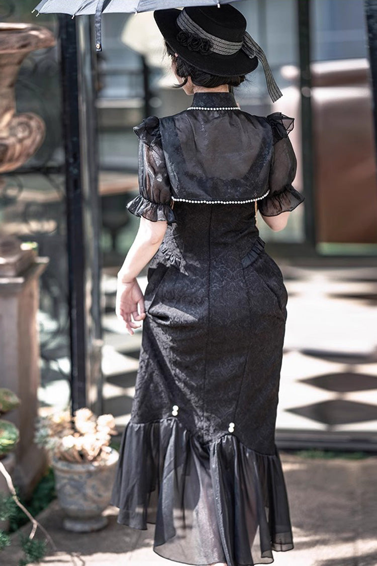 Black [Camellia 1.0] Sleeveless Jacquard Ruffle Lace Gothic Chinese Style Lolita Jsk Fishtail Dress