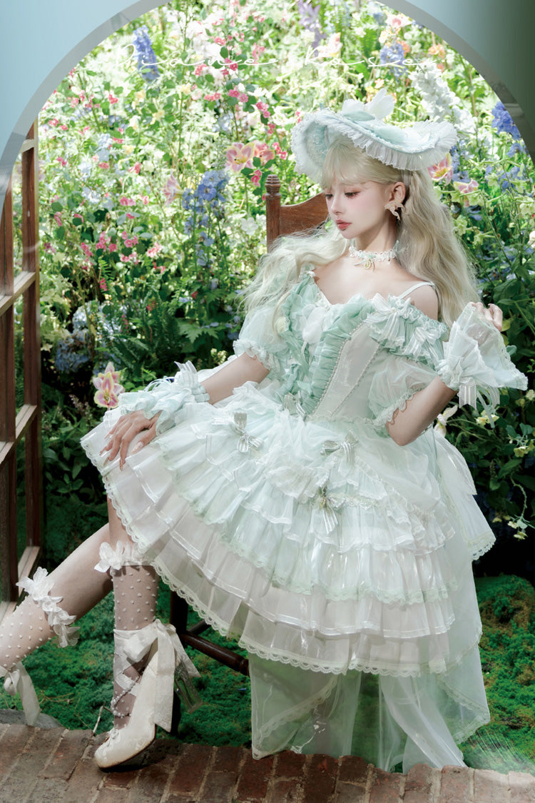 Green [Tulip and Wind Chime] Multi-Layered Ruffle Bowknot Lace Sweet Gorgeous Lolita Jsk Dress