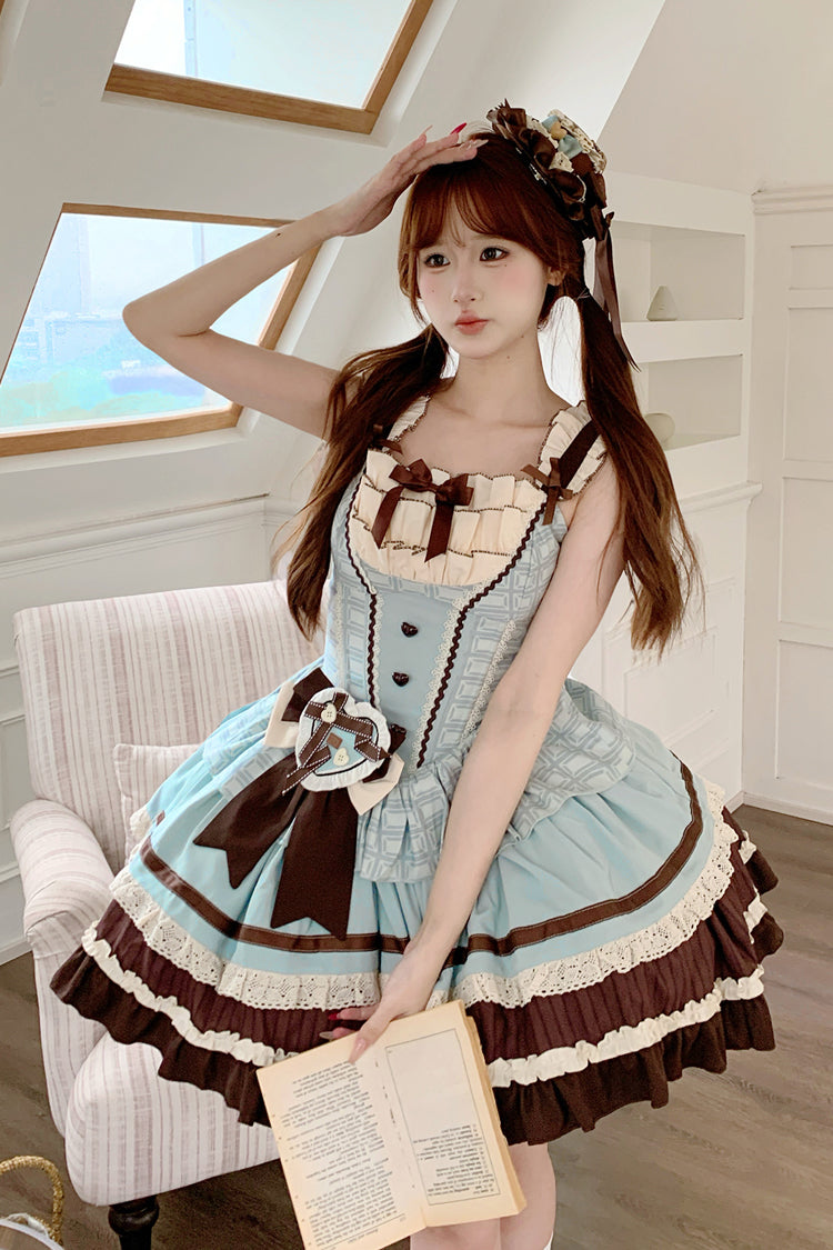 Green/Brown [Mint Chocolate] Sleeveless Triple-Layered Ruffle Bowknot Sweet Lolita Jsk Dress