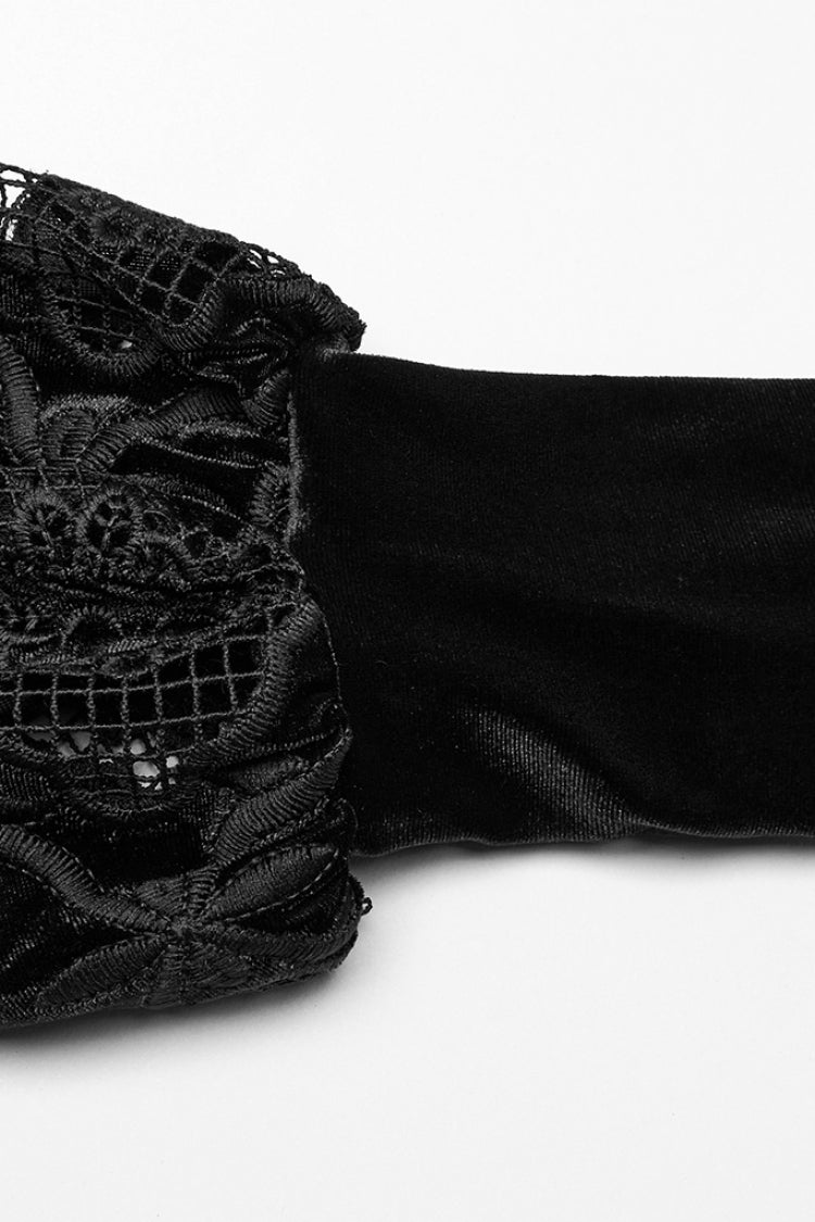 Blouse gothique noire à manches longues avec volants et broderie florale pour femmes 