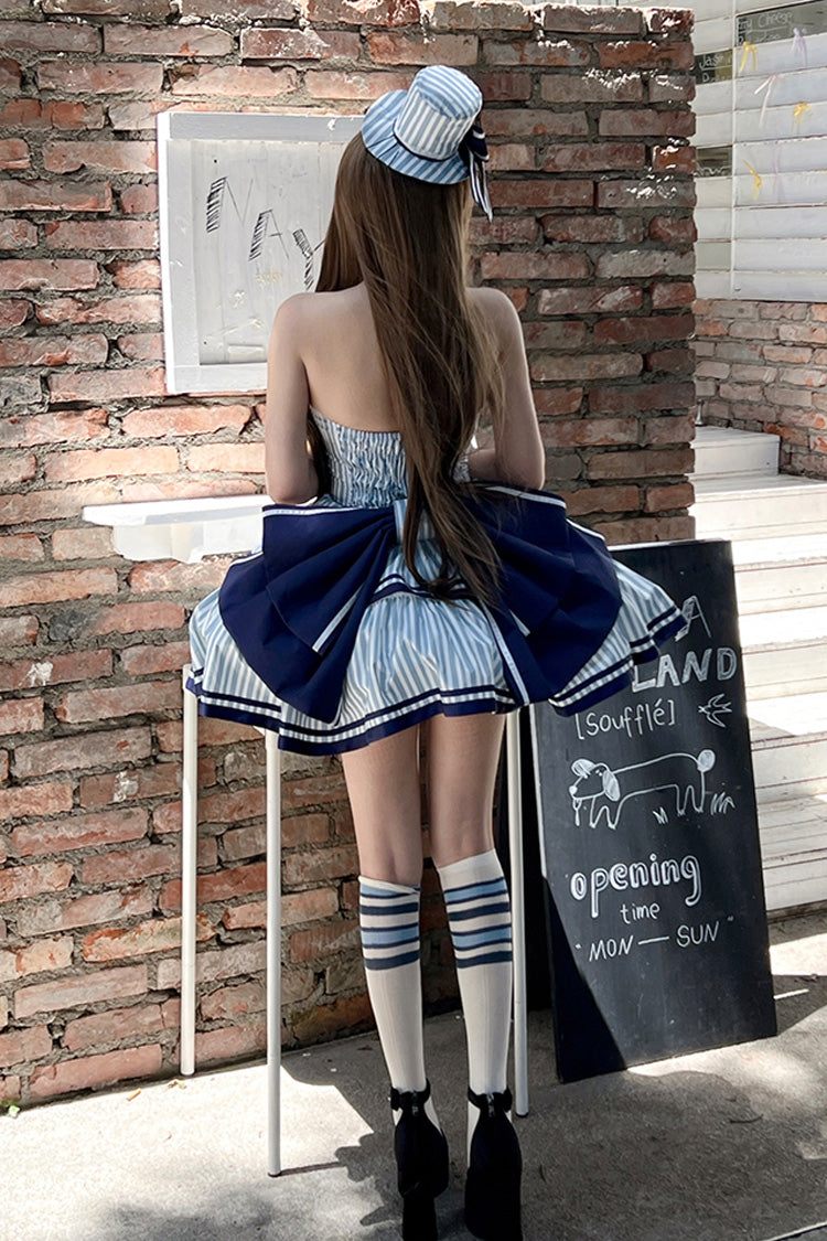 Blue [Sailing Sweetheart] Double-Layered Vertical Stripes Print Ruffle Bowknot Sweet Lolita Dress