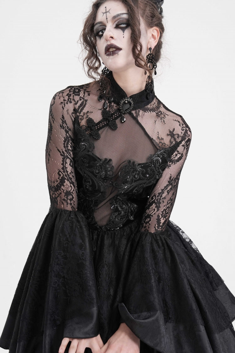 Schwarzes Gothic-Kleid mit langen Ärmeln, Stickerei, Spitze, Schnürung, unregelmäßigem transparentem Netzstoff für Damen