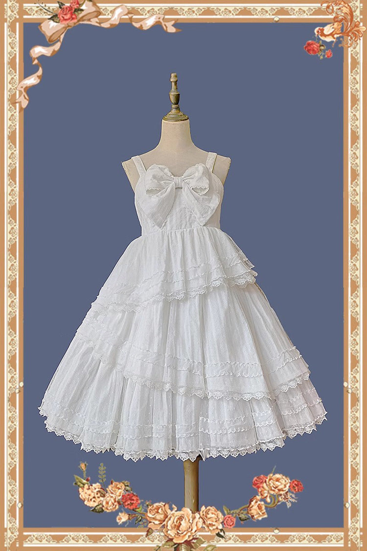 White Solid Color Tower of Dawn Bowknot Sleeveless Ruffle Sweet Lolita Dress