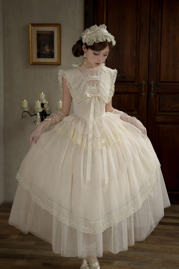 White [Dream by the Pillow] Triple-Layered Ruffled Bow Lace Sweet Elegant Lolita Dress