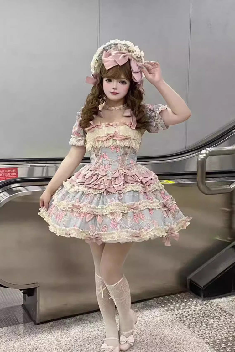 Blue/Pink [Gem Rose] Multi-Layered Ruffle Bowknot Lace Sweet Princess Lolita Skirt 2 Versions