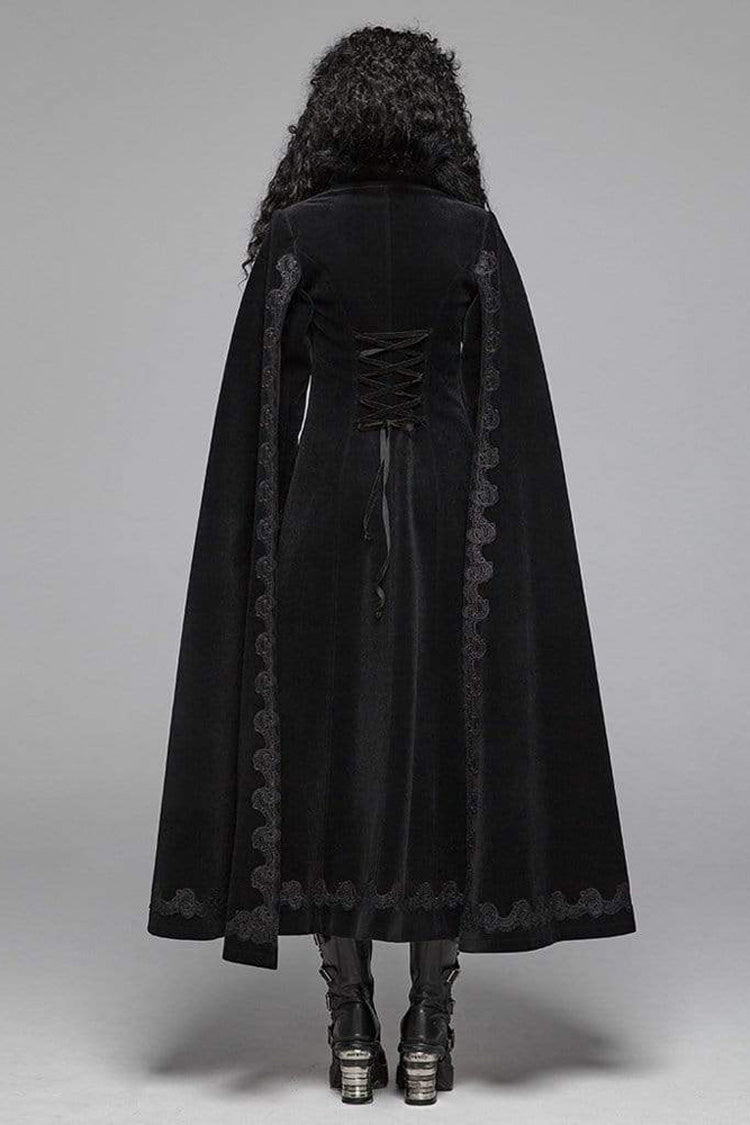 Black Fur Collar Slit Cloak Shape Sleeve Back Waist Lace Up Imitation Cashmere Long Women's Gothic Coat