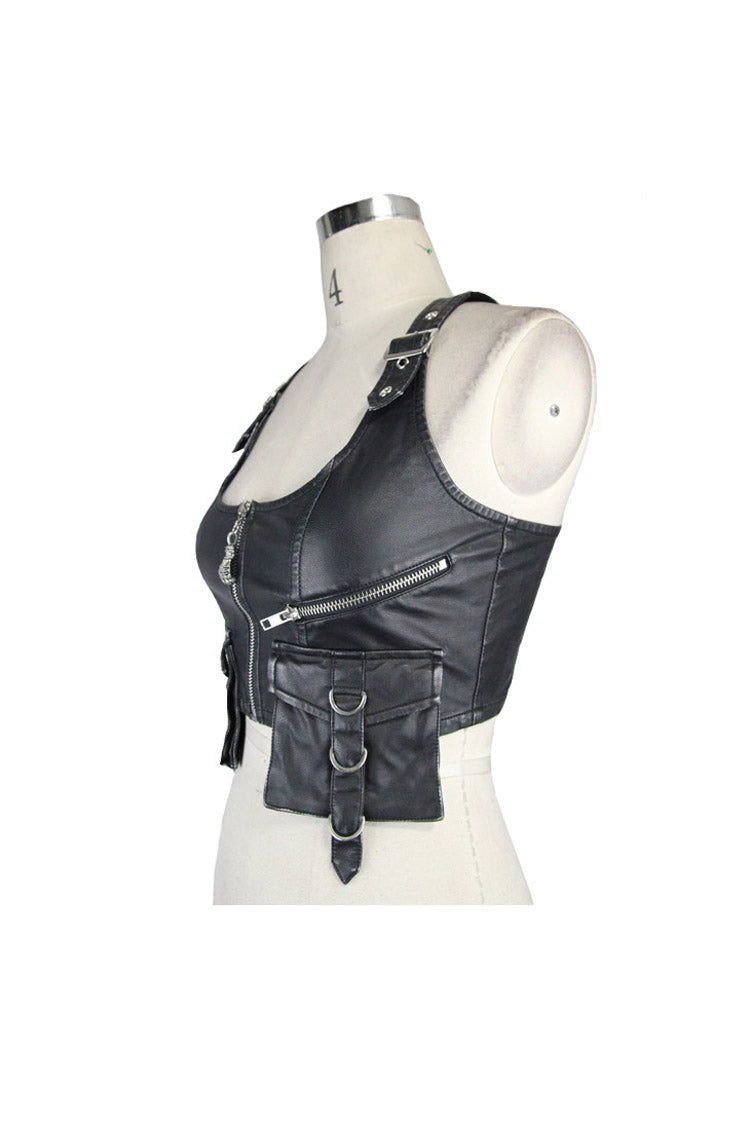 Black/Silver Hand Rubbed Leather Hasp Zipper Short Women's Punk Waistcoat
