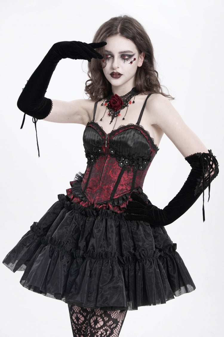 Rotes ärmelloses Rüschenstickerei-Schnürung Damen Gothic Tank Top 