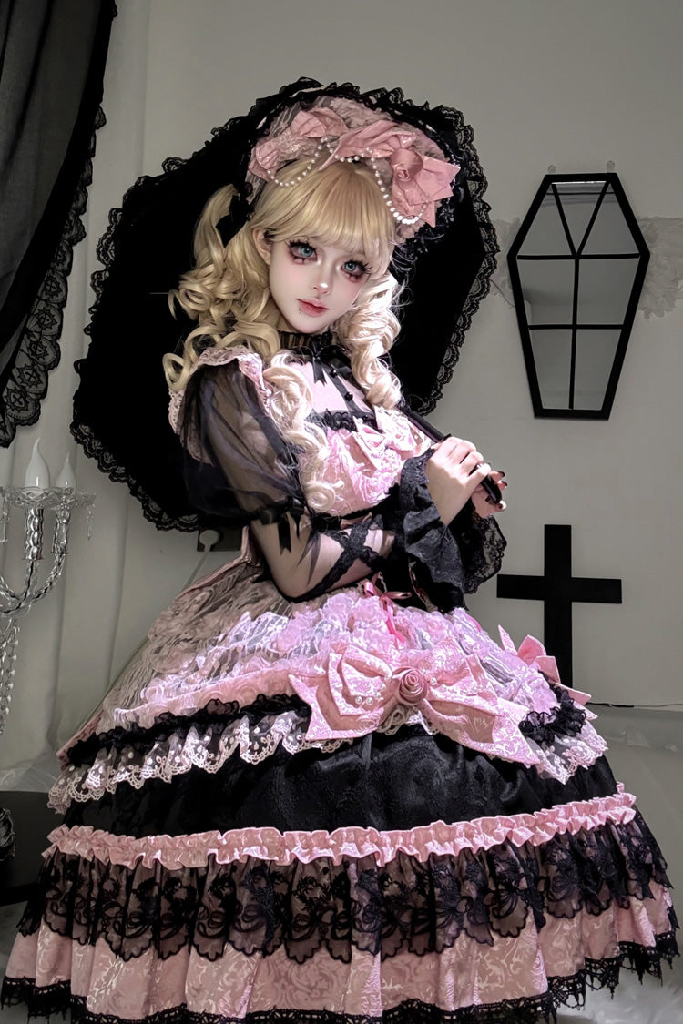 Black/Pink [Rose Princess] Sleeveless Ruffle Bowknot Lace Lace-Up Sweet Ballet Lolita Jsk Dress