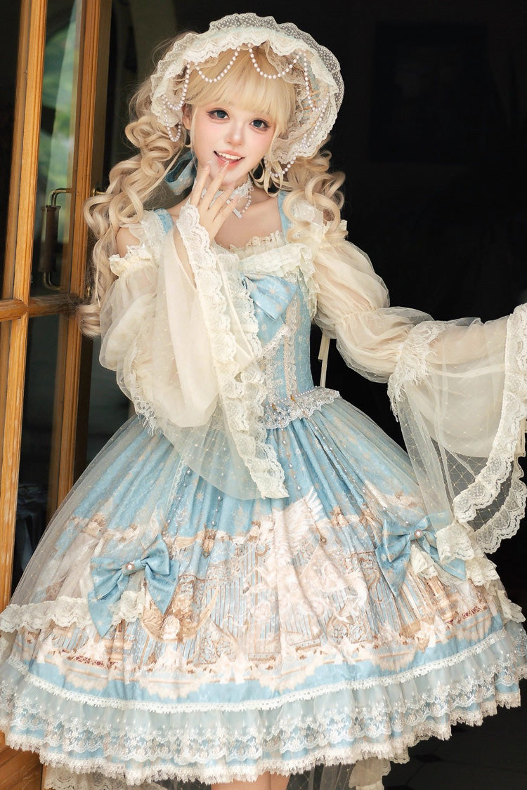 Blue [Unicorn] Print Sleeveless Multi-Layered Embroidery Bowknot Lace Sweet Lolita Jsk Dress