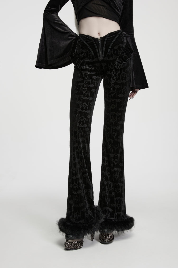 Black Jacquard Ruffled Slim Fit Women's Gothic Flare Pants