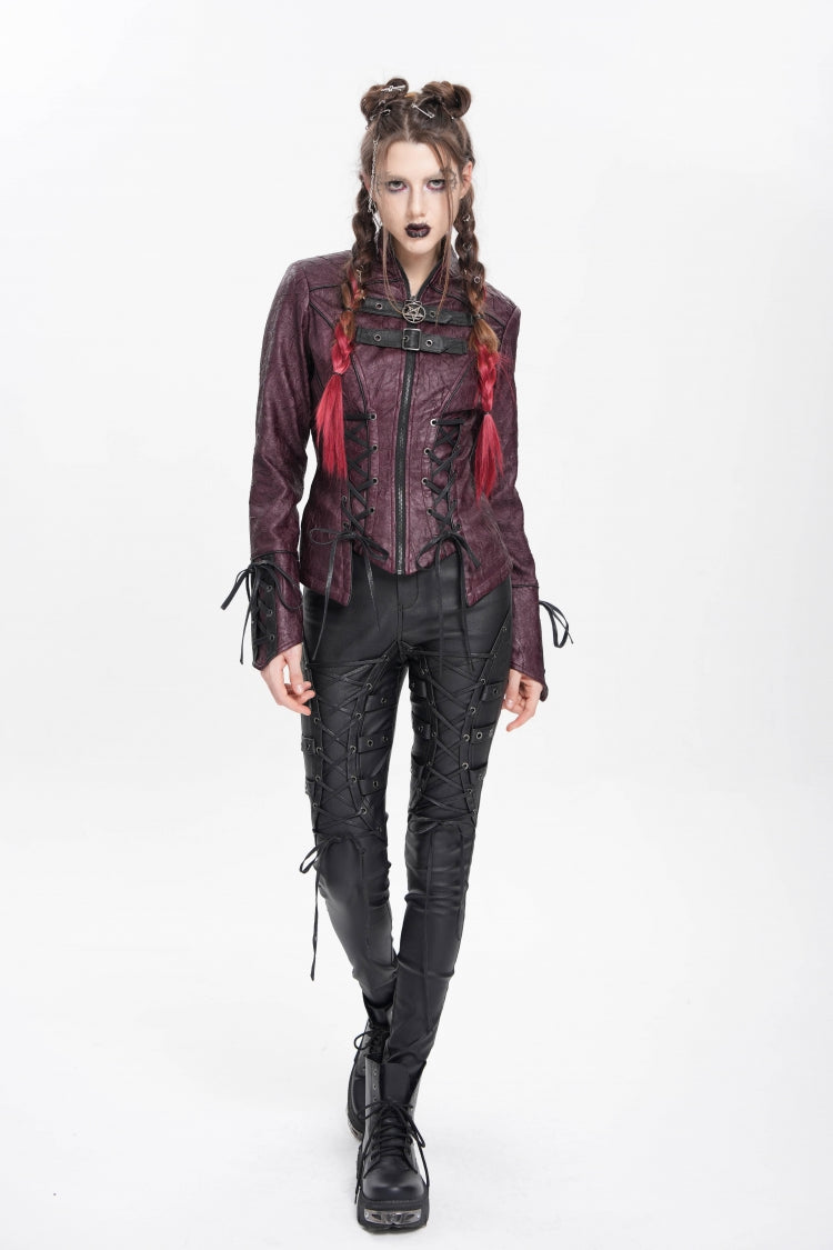 Red Pentacle Lace-Up Buckle Women's Punk Jacket