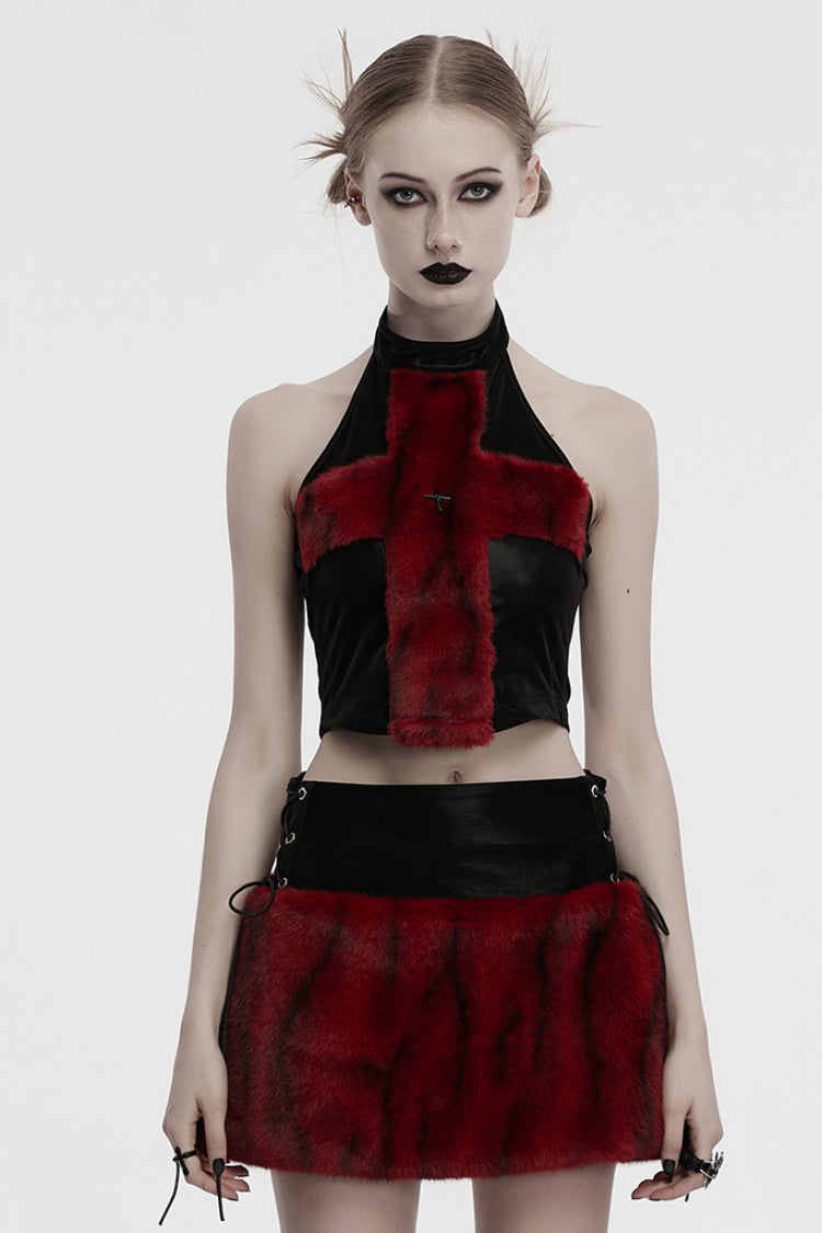 Black/Red Halterneck Sleeveless Cross Faux Fur Stitching Women's Punk Vest