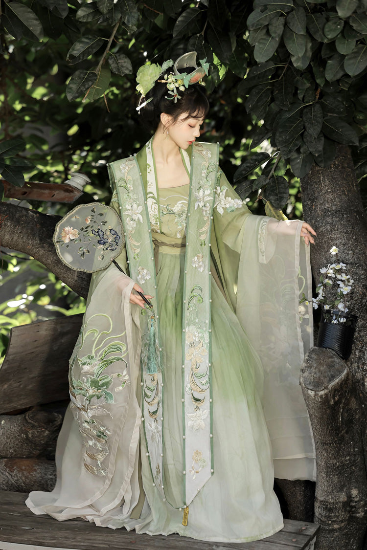 Green [Silent Spring Mountains] Song Dynasty Ruffle Elaborate Embroidery Sweet Chinese Style Hanfu Dress Full Set
