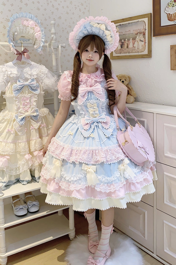 Robe Jsk Sweet Lolita en dentelle avec nœud à volants multicouches sans manches bleu/rose [gâteau fondant] 