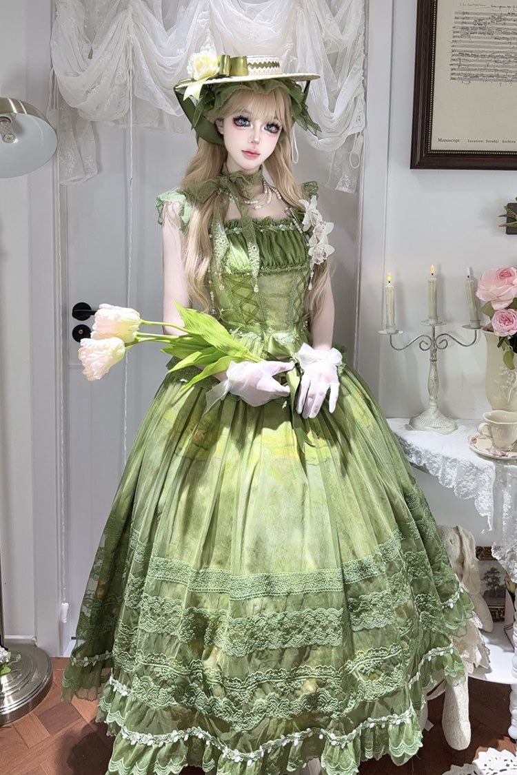 Green [Mist-shrouded Vineyard] Sleeveless Ruffle Bowknot Lace-Up Sweet Lolita Jsk Skirt Dress Set
