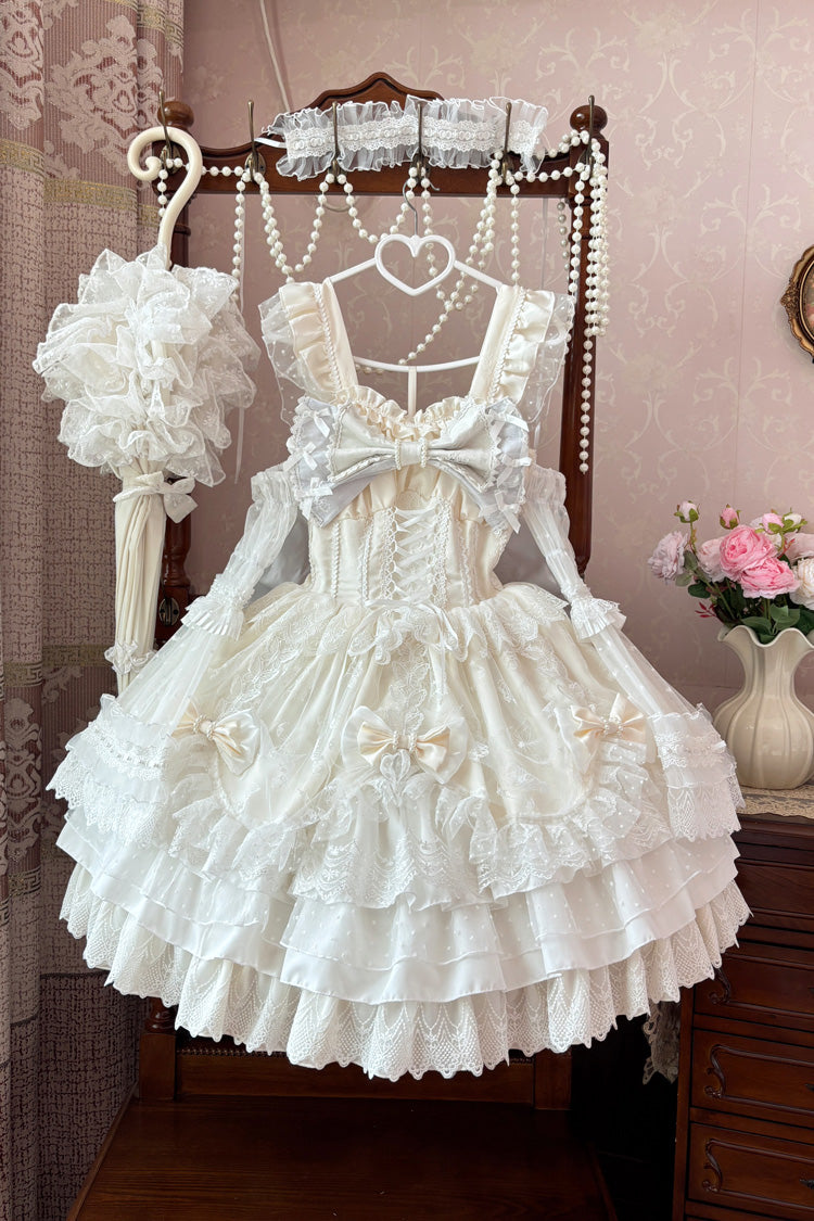Ivory Sleeveless Triple-Layered Ruffle Embroidery Bowknot Lace-Up Pearl Sweet Plus Size Lolita Jsk Dress