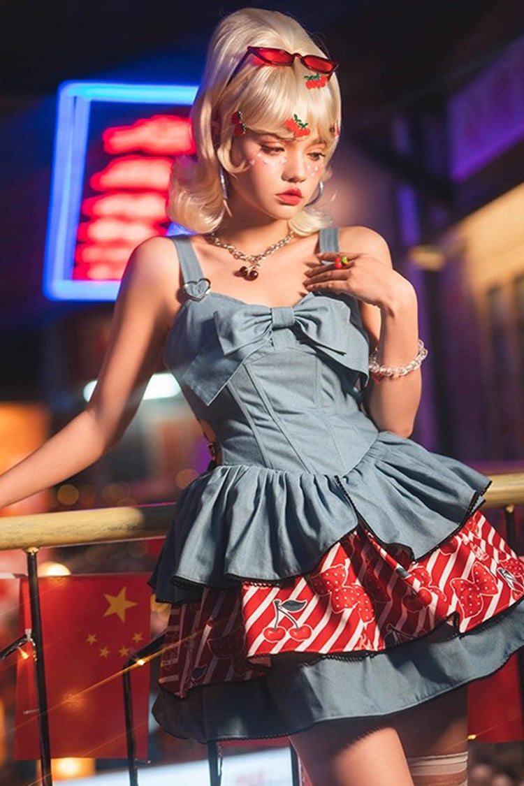 Blue [Cherry] Sleeveless Triple-Layered Print Ruffle Bowknot Denim Sweet Japanese Vintage Lolita Jsk Dress