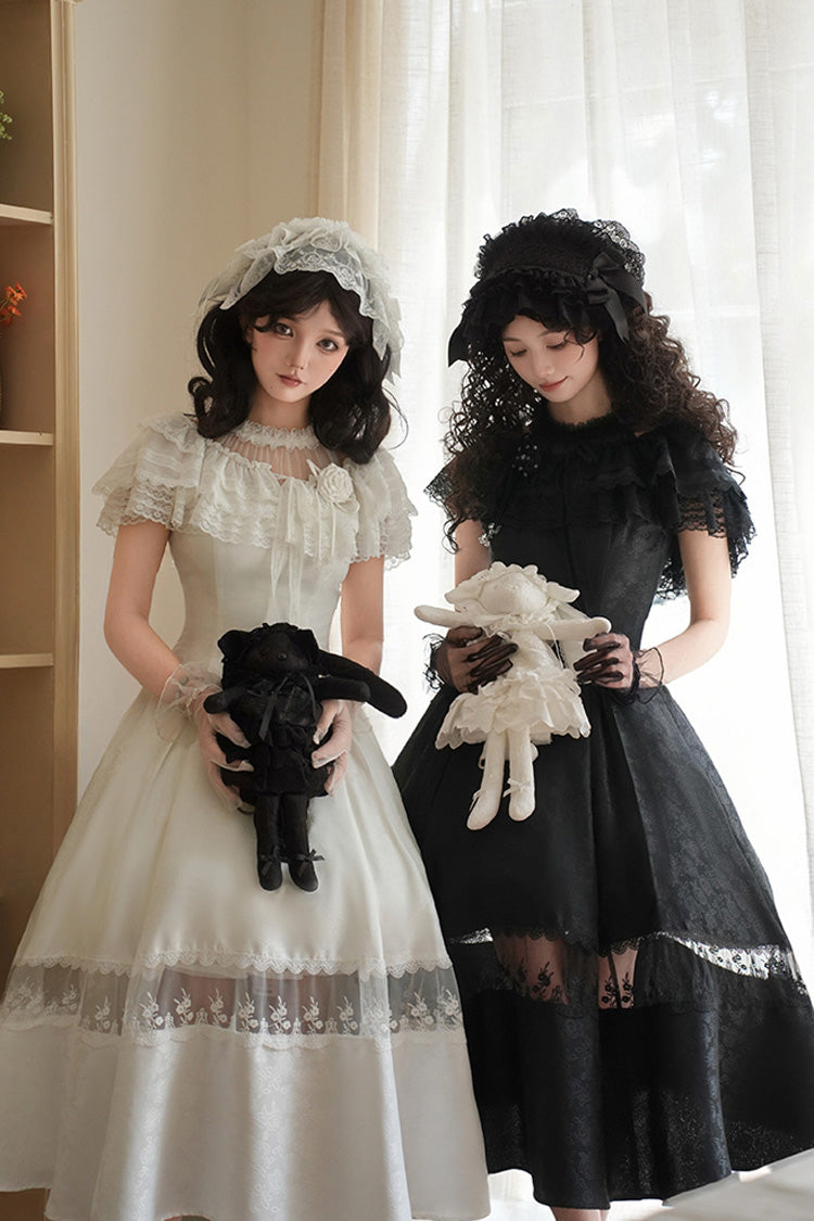 White [Flowers in the Mist] Off Shoulder Halterneck Print Ruffle Gothic Elegant Lolita Dress