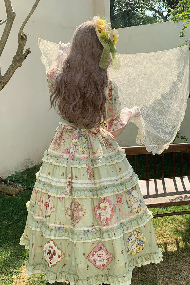 Robe Lolita douce et magnifique à manches courtes avec imprimé à volants et nœud papillon [Thé de Rose Chat Vert] 