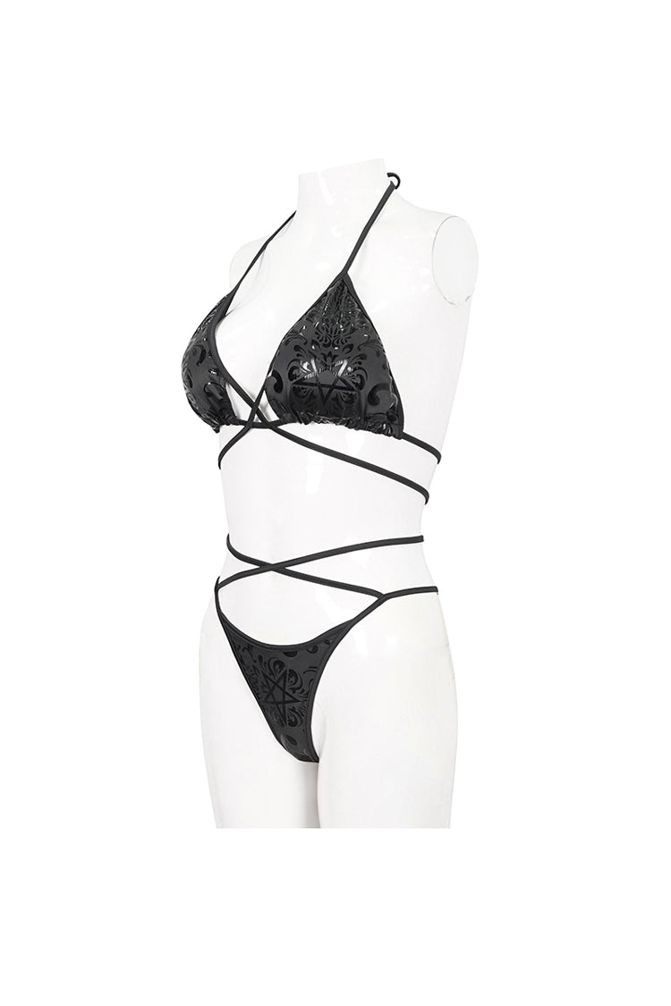 Black Pentagram Effect Print Sexy Strap Women's Gothic Swimsuit Set
