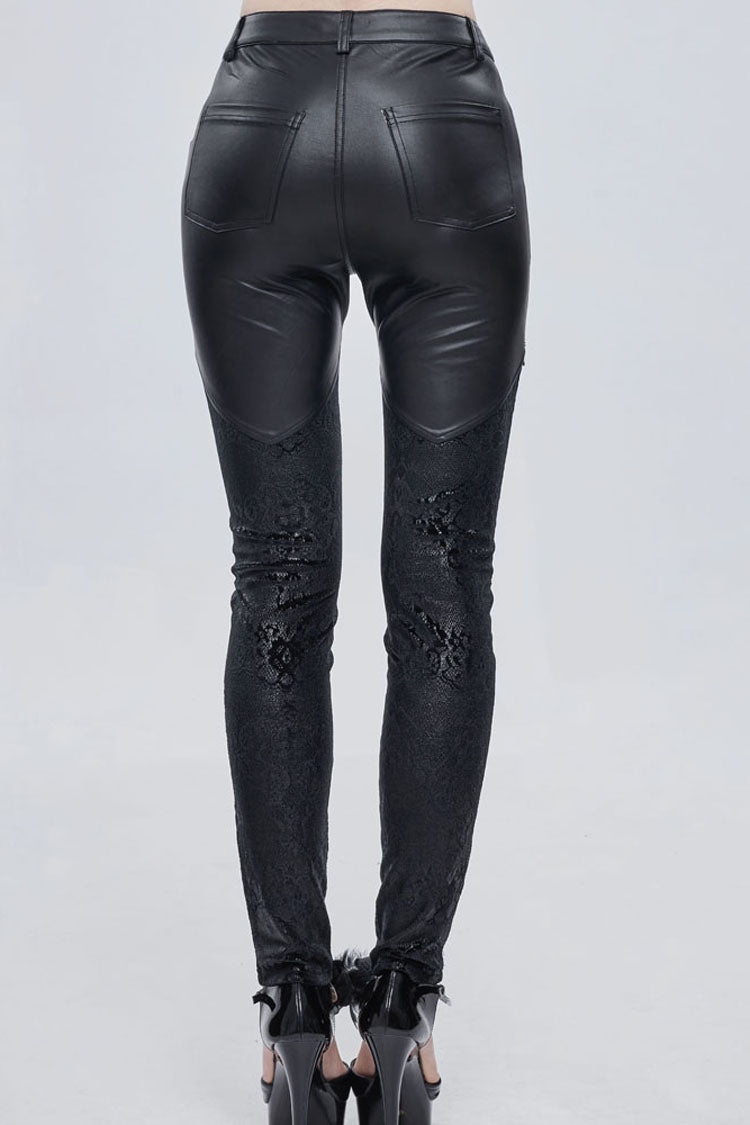 Black Gothic Metal Rose Button Leather Lace Panel Slim Fit Women's Long Pants
