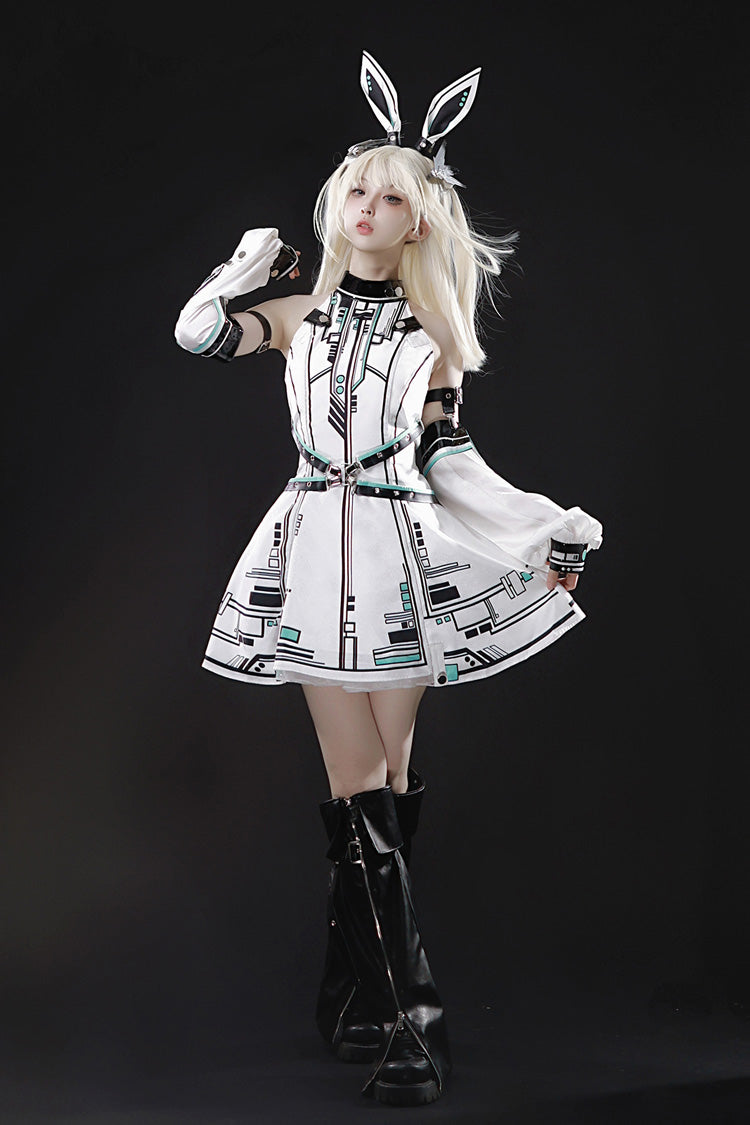 White [Mecha Battle Maiden] Stand Collar Print Futuristic Style Sweet Handsome Lolita Dress