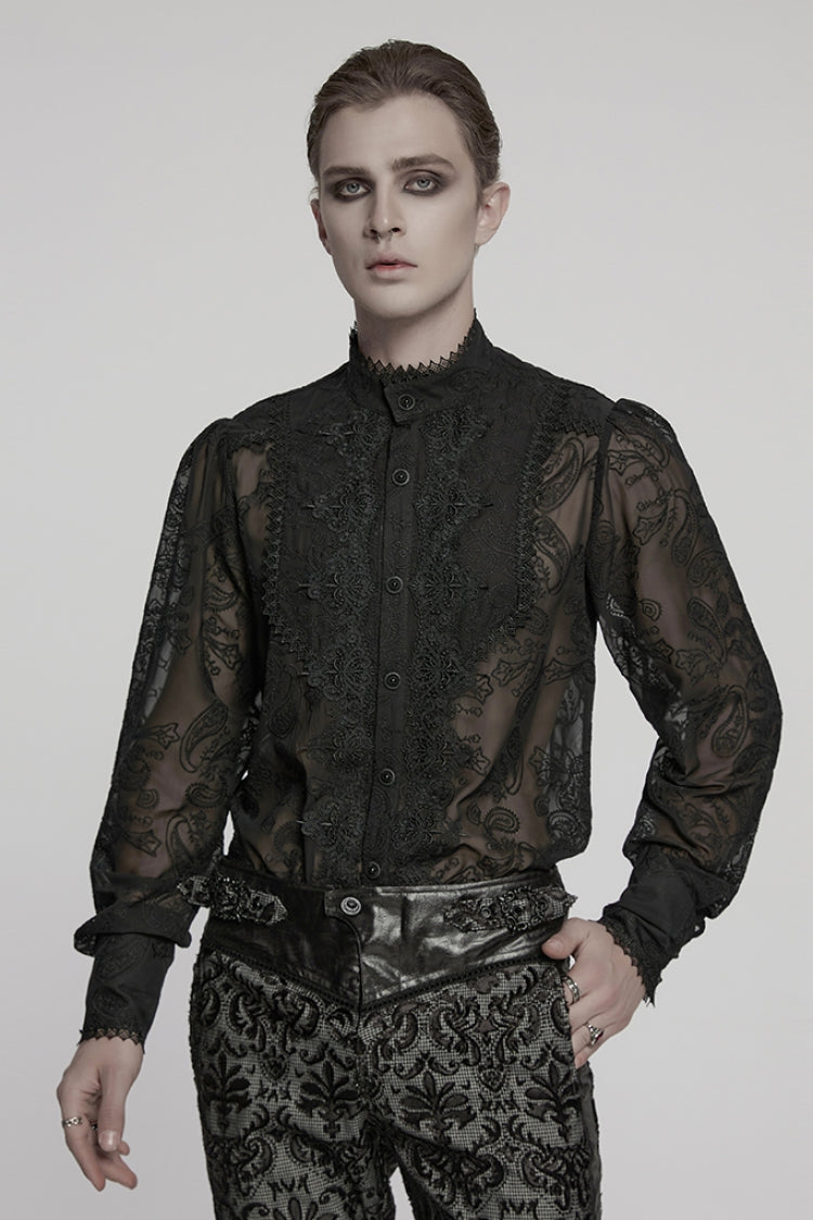 Schwarze Stehkragen Chiffon Langarm Hohles Stickerei Herren Gothic Bluse 