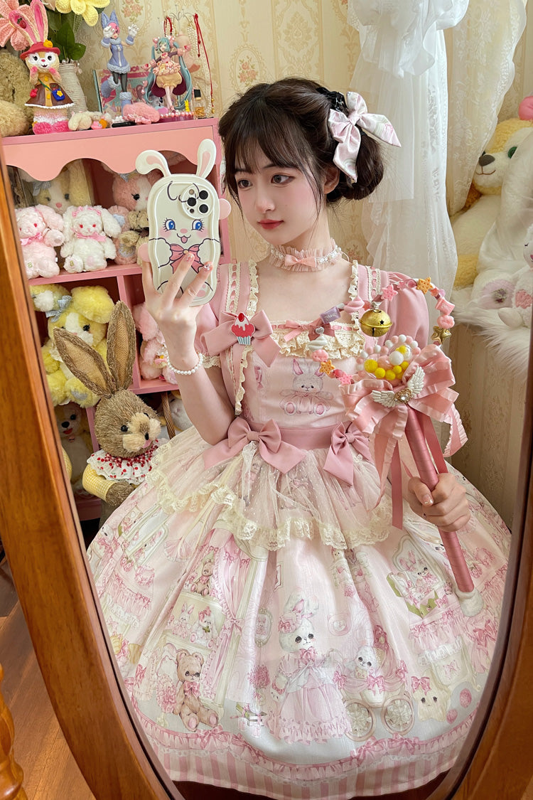 Rabbit Bear Wardrobe Print Ruffle Bowknot Sweet Lolita Dress 3 Colors