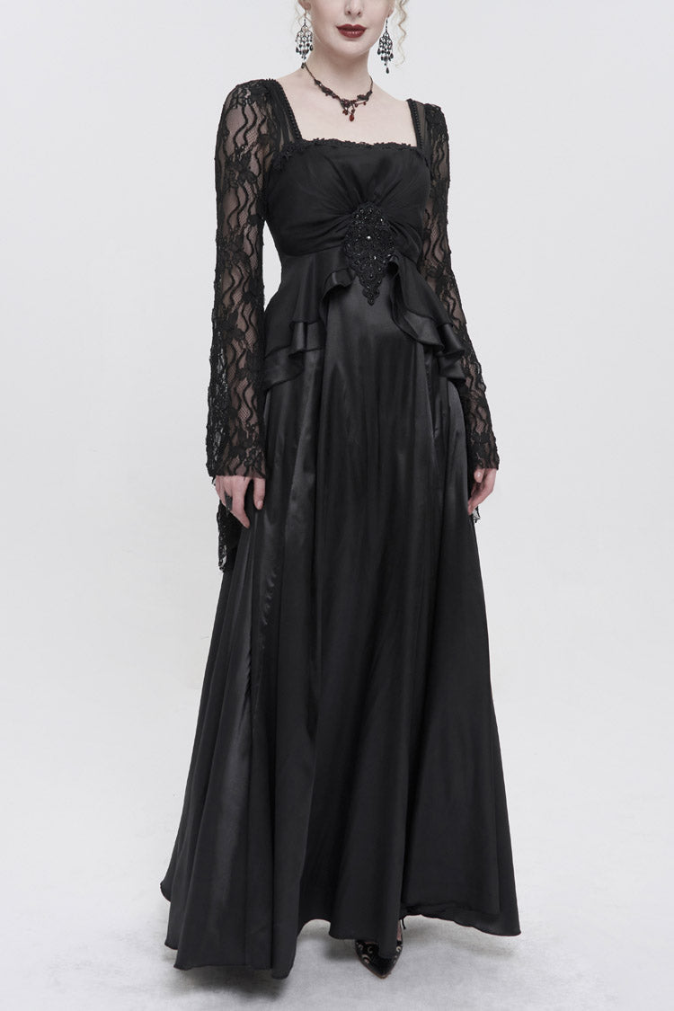 Black Lace Pointy Large Sleeves Back Middle Zipper Satin Long Floor Length Women's Gothic Dress