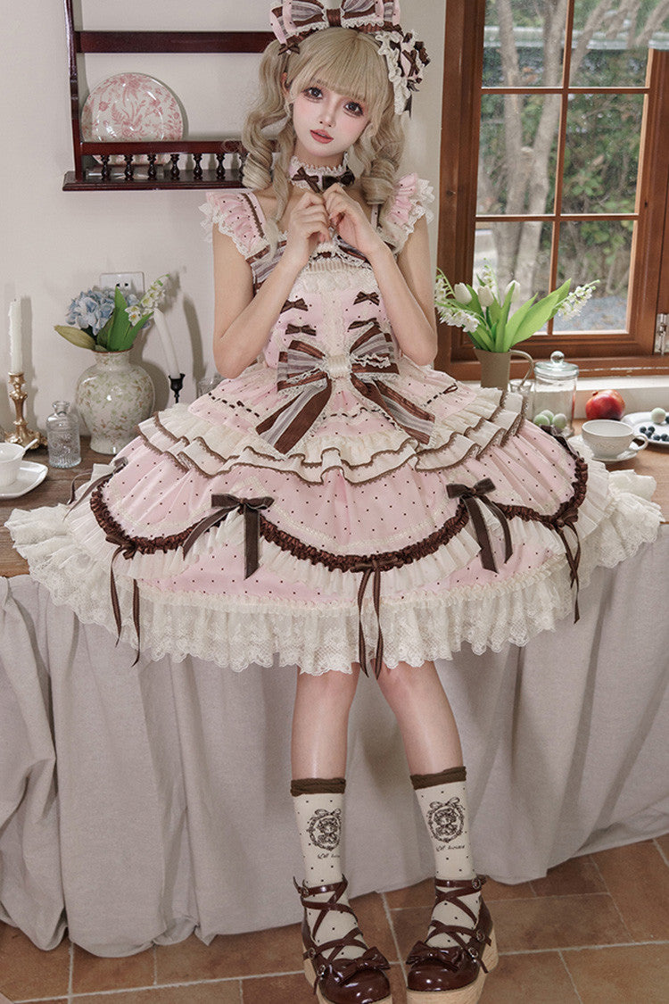 Pink [Shengqiao Tata] Sleeveless Print Ruffle Bowknot Lace-Up Sweet Elegant Lolita Jsk Dress