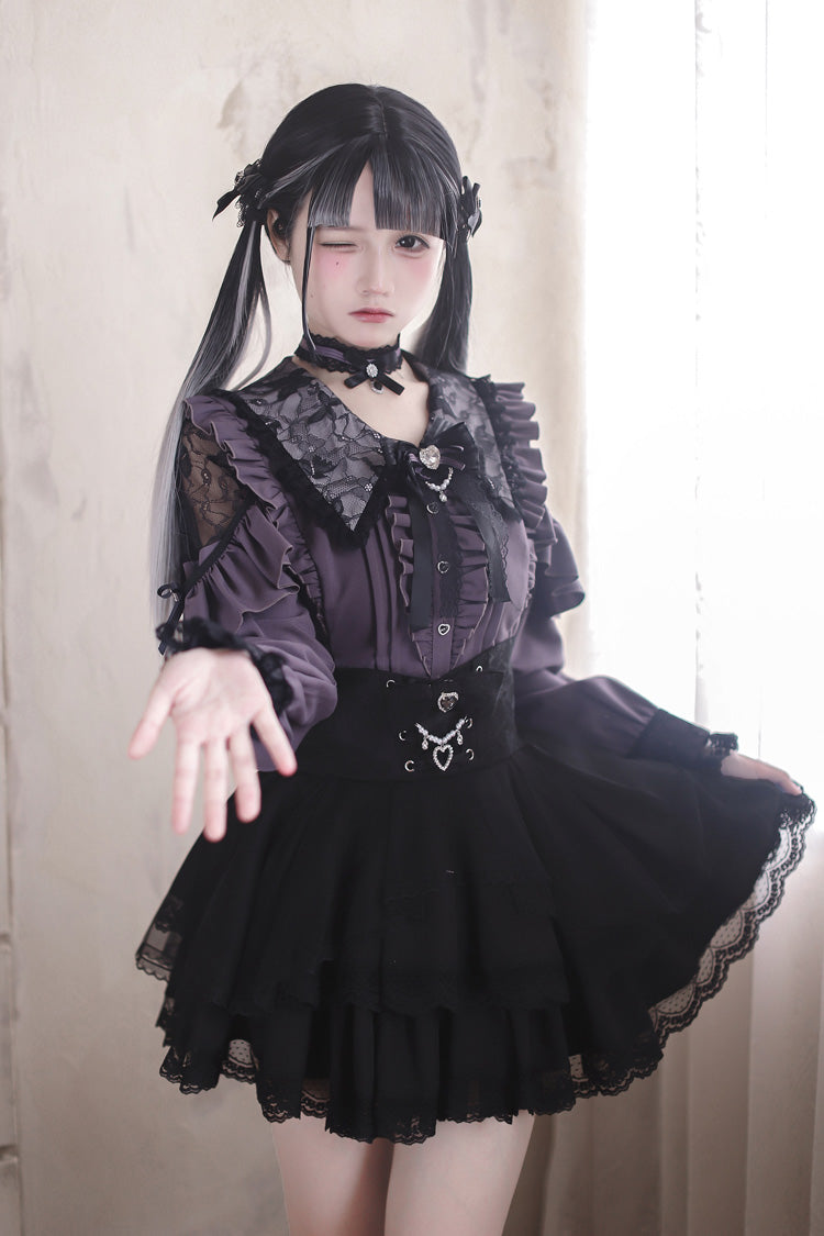 Purple [Dreamy Love Ballad] Lapel Collar Long Sleeves Double-Layered Ruffled Cut-Out Bow Gothic Japanese Jirai Kei Skirt Set