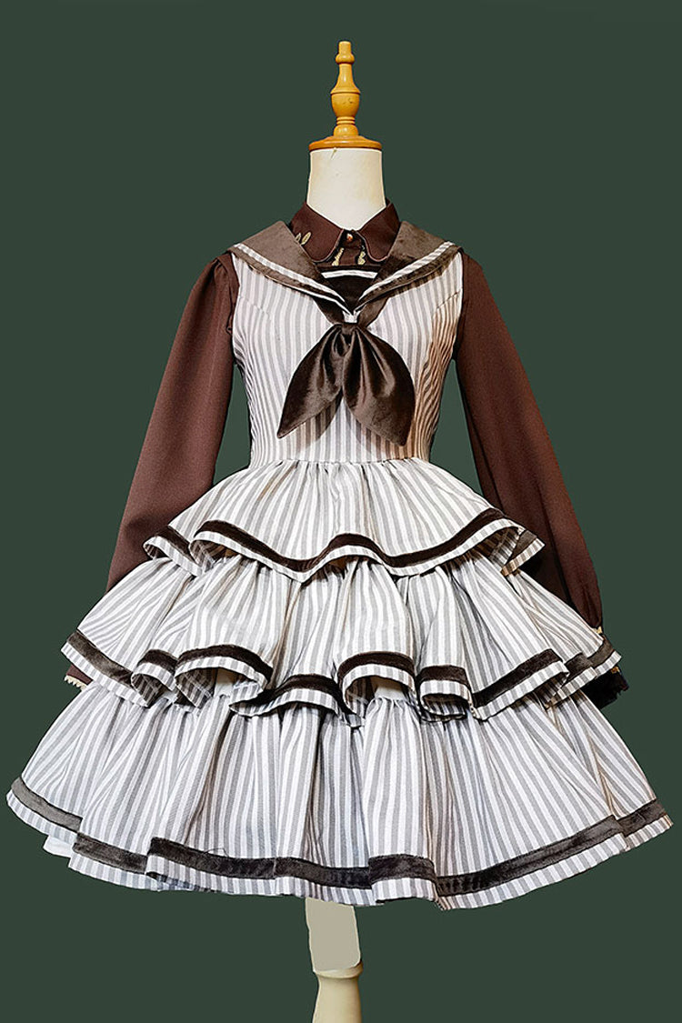 [From Afar] Sleeveless Triple-Layered Stripe Print Bowknot Sweet College Style Lolita Dress 2 Colors
