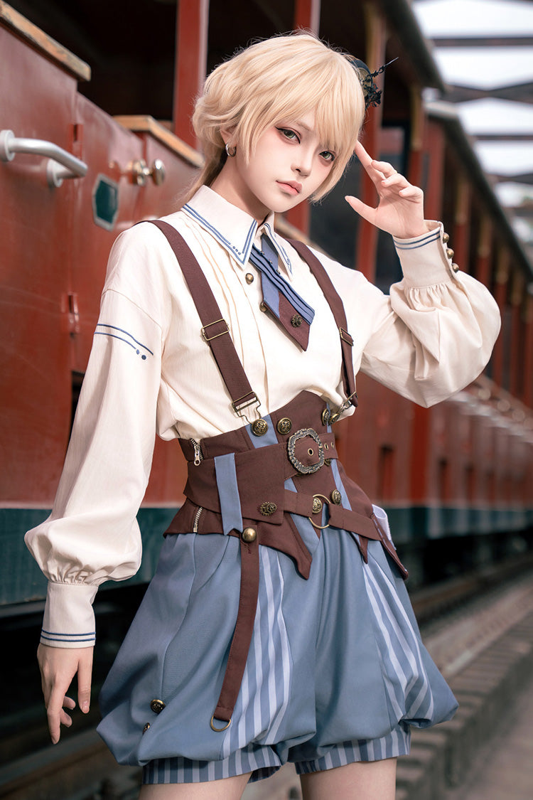 Weiß/Blau [Gedicht von Wind und Kompass] Reverskragen, lange Ärmel, bedrucktes klassisches Ouji-Lolita-Set
