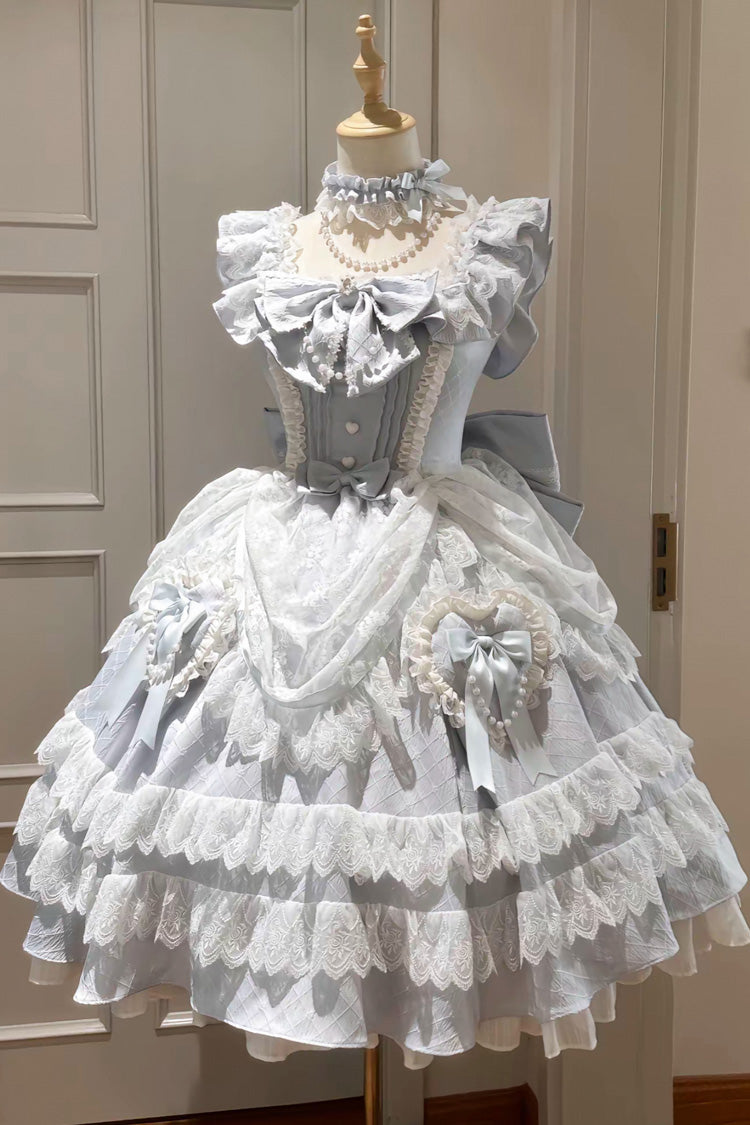 Blue [Fairy Tale Advent] Multi-Layered Ruffle Bowknot Lace Sweet Princess Gorgeous Lolita Tiered Dress