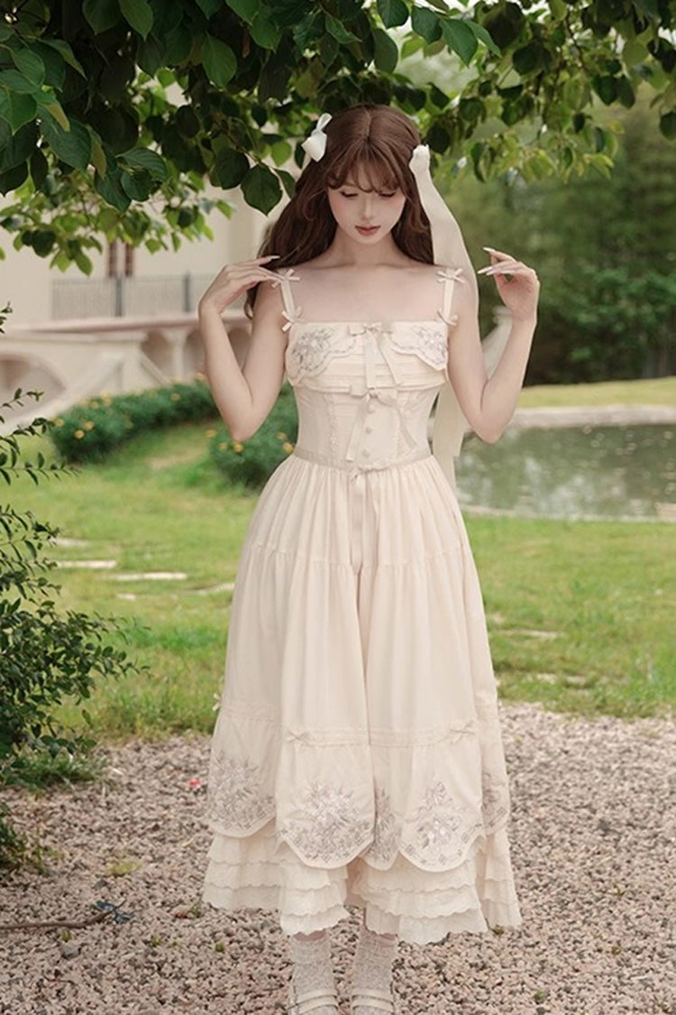 Abricot [Papillon Fantaisie] Robe Lolita Sweet Princess à Volants à Trois Couches avec Noeud Papillon Broderie en Dentelle Jsk 