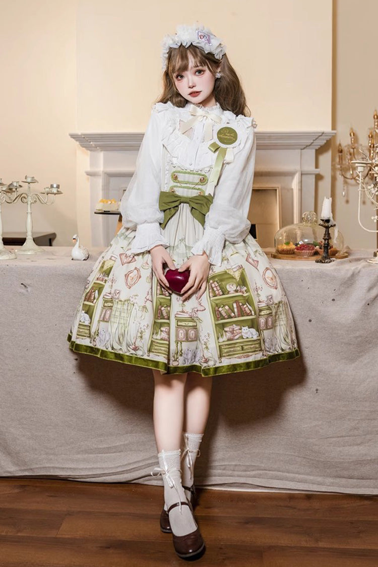 Green Ai Luo Book House Print Chest Support Bowknot Sweet Lolita Jsk Dress