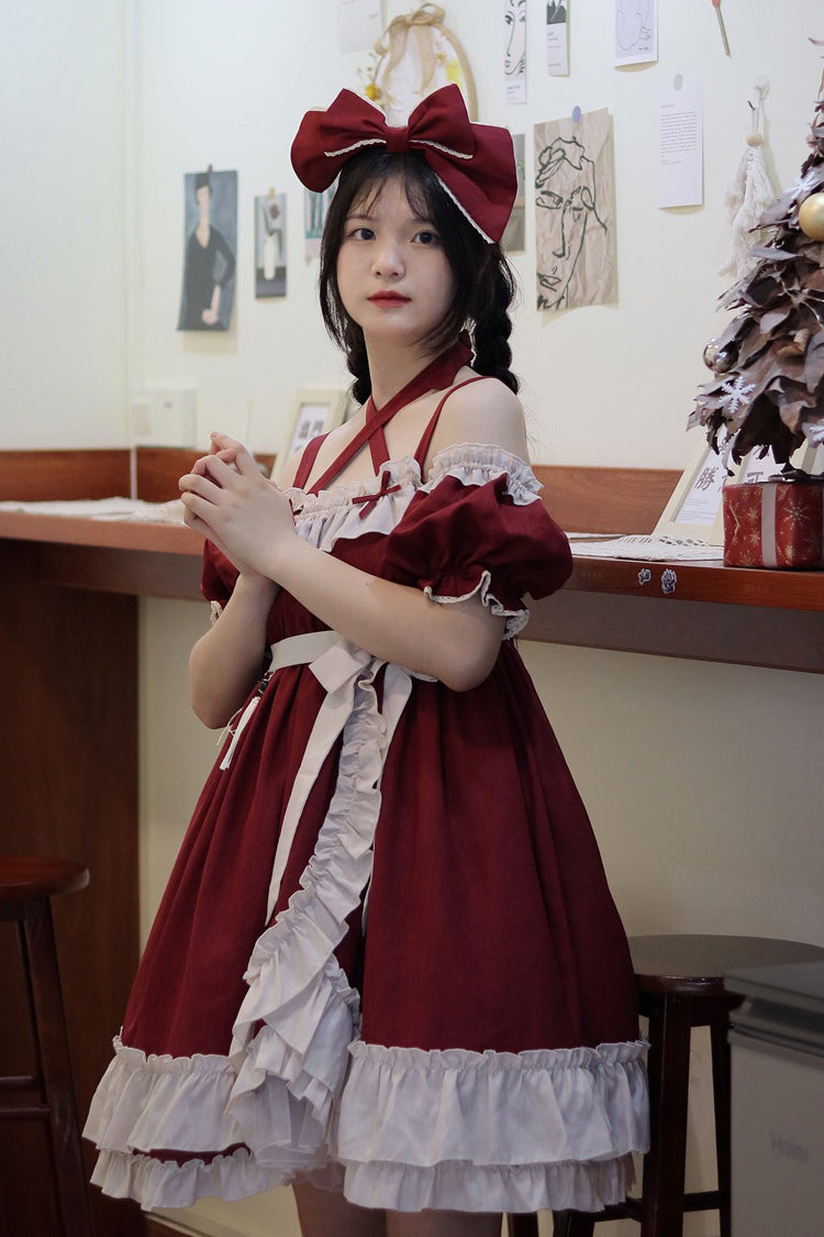 Red [Monet Estate] Sleeveless High Waisted Ruffle Bowknot Asymmetric Gothic Lolita Jsk Dress