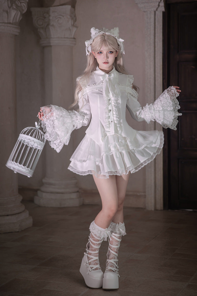 White [Snowy Night Princess] Lapel Collar Long Hime Sleeves Ruffled Bow Lace Gothic Jirai Kei Japanese Skirt Set