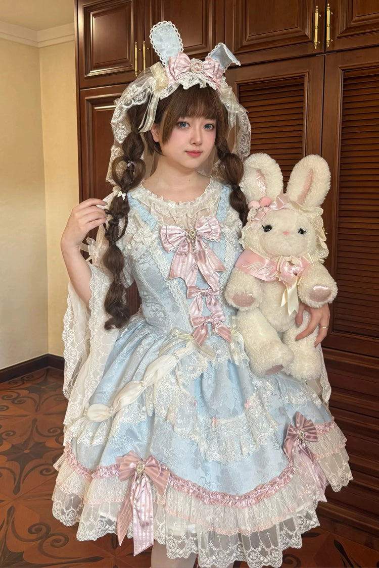 Blau/Rosa [Präludium der Bänder] Ärmelloses Jacquard-Rüschenkleid mit quadratischem Kragen und offener Schleife vorne, Spitze, Perlendetail, Blumenwand, süßes Lolita-JSK-Kleid in Übergröße