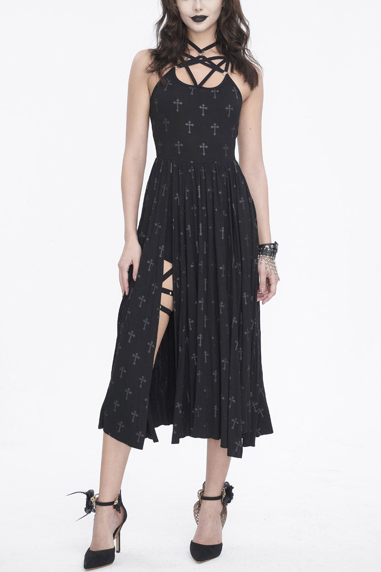 Black Print Strappy Split Womens Gothic Dress
