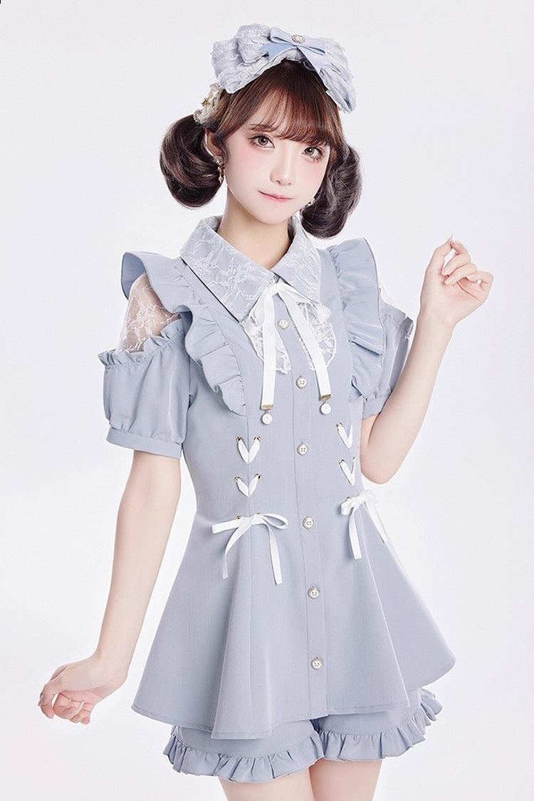 [Alice of Wednesday] Sweet Off Shoulder Short Sleeves Ruffle Bowknot Lace-Up Japanese Jirai Kei Dress Shorts Set 3 Colors