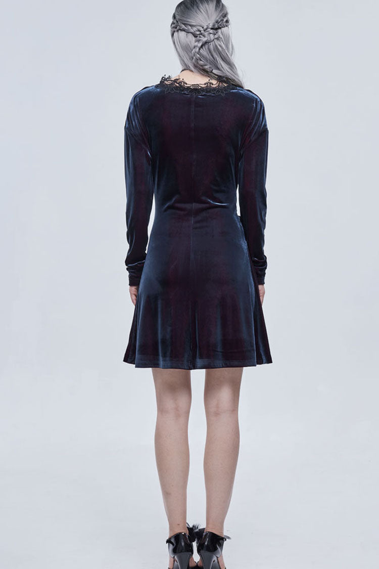 Black/Red Gothic Lace V Neck Bow-Knot Frenulum Velvet Long Sleeve Women's Dress