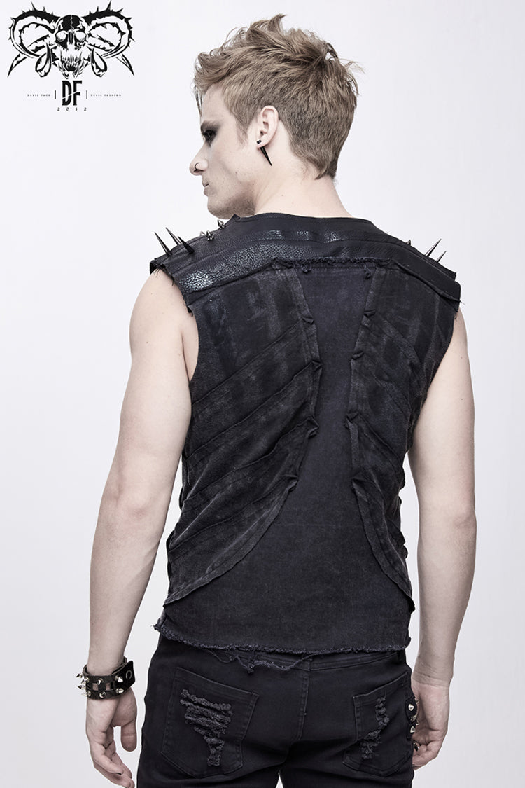 Black Patchwork Unedged Coarse Grain Leather Long Pointed Nails Distressed Men's Punk Vest