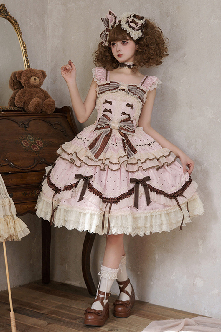 Pink [Shengqiao Tata] Sleeveless Print Ruffle Bowknot Lace-Up Sweet Elegant Lolita Jsk Dress