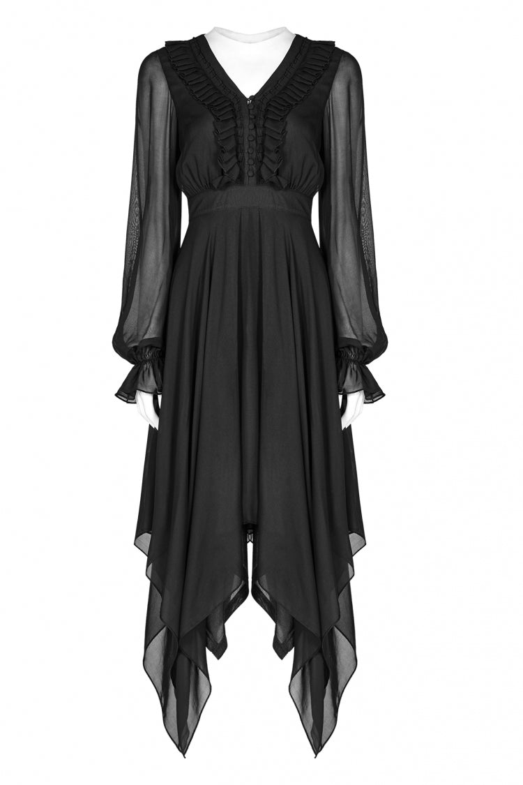 Black Ruffled V Neck Long Sleeves Bell Sleeves Corset Waist Button Asymmetric Layered Chiffon Women's Gothic Dress